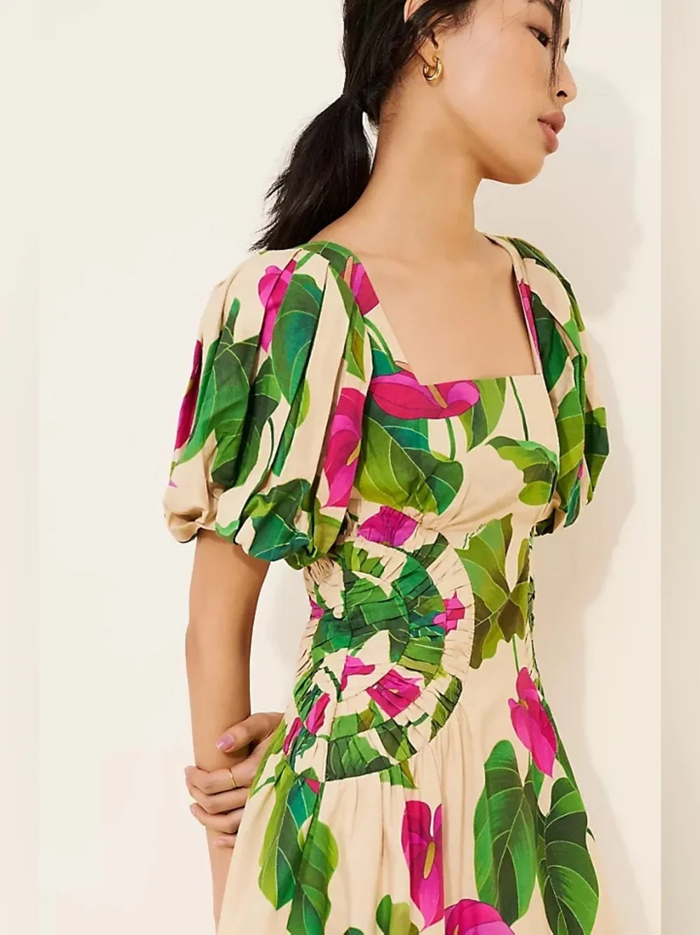 Farm Rio Anthurium Leaves Sand Short Sleeve Square Neckline Mini Dress - Picture 3 of 9
